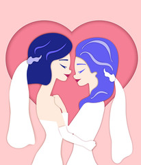 Same sex couple of two beautiful young papercut brides,