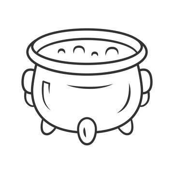 Witch cauldron linear icon. Thin line illustration. Brew potion. Wicked witchcraft & sorcery. Iron pot, boiler with boiling magical poison. Contour vector isolated outline drawing. Editable stroke