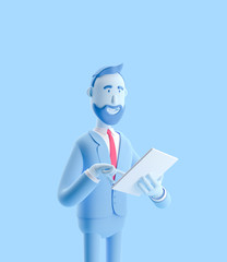 3d illustration. Businessman is holding a notebook and smiling. Businessman Billy in blue color.