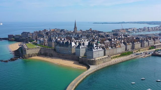 Beautiful aerial of Saint Malo, France with harbor, breakwater and pier.