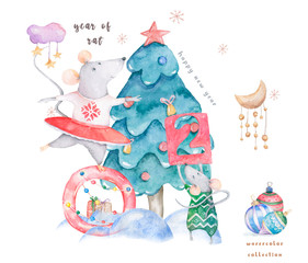 Cute watercolor cartoon rats and spruce tree. Watercolor hand drawn animals illustration. New Year 2020 holiday drawing illustration. Symbol 2020Merry Christmas gift card. Greeting postcard