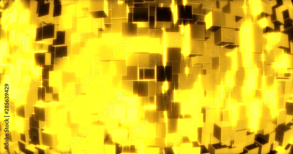 Poster abstract graphics background with golden cubes on a sphere. 3d rendering