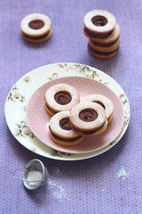 Sandwich cookies with chocolate filling powdered with icing sugar, on light purple background.