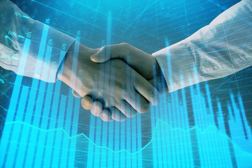 Obraz na płótnie Canvas Multi exposure of forex graph on abstract background with two businessmen handshake. Concept of success on stock market