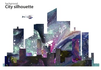 Cityscape watercolor work. City landscape. Daytime cityscape in flat style.