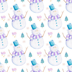 Watercolor seamless christmas pattern with cute snowman and spruce tree on white background. Hand drawn illustration on white background