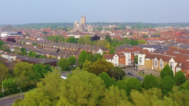 Nice aerial over the city of Canterbury and cathedral, Kent, United Kingdom, England.