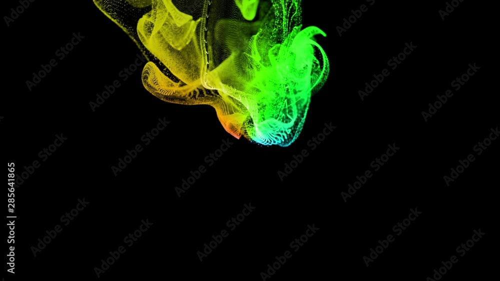 Poster 3d ink effect of advection, luminous multicolor particles float in liquid. glow particles move in a 