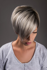 Short hair style hair cut grey silver platinum hair color 