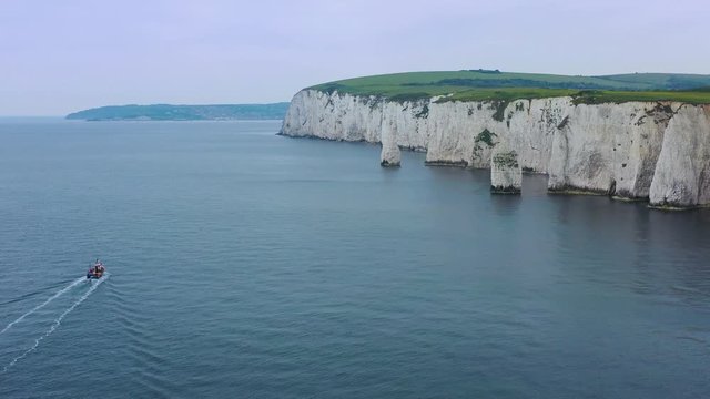 Beautiful aerial over the white cliffs of Dover near Old Harrys Rocks on the south coast of England.