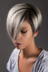 Short hair style hair cut grey silver platinum hair color 