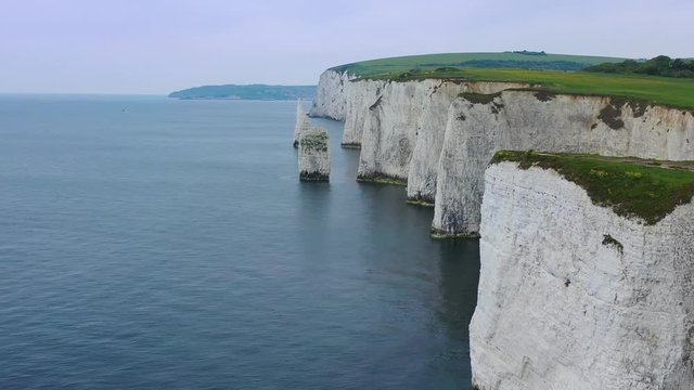 Beautiful aerial over the white cliffs of Dover near Old Harrys Rocks on the south coast of England.