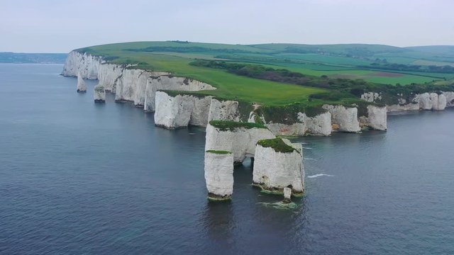 Beautiful aerial over the white cliffs of Dover near Old Harrys Rocks on the south coast of England.