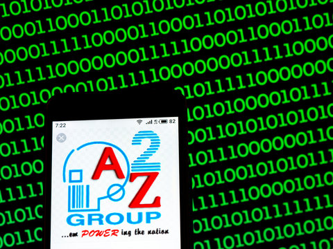 Kiev, Ukraine, July 9, 2019. In this photo illustration the A2Z Group logo is seen displayed on a smartphone.