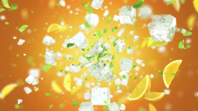 Exploding frosted ice cube with fruits and leafs in 4K