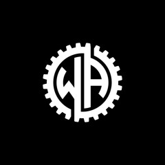 Initial letter W and A, WA, interlock cogwheel gear monogram logo, white color on black background