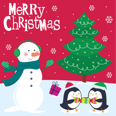 Cute snowman and penguins in the snowing at Christmas day