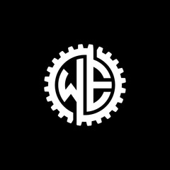 Initial letter W and E, WE, interlock cogwheel gear monogram logo, white color on black background