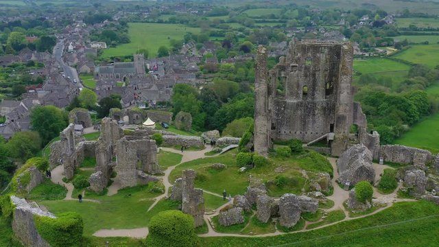 Aerial of the ruins of Corfe Castle, Dorset, England.