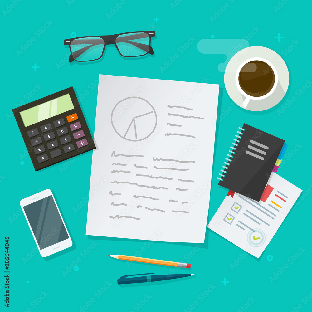 Poster writing analysis content vector illustration, flat cartoon working table or desk top view with paper