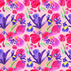 watercolor iris, tulip and leaves seamless pattern on pink background
