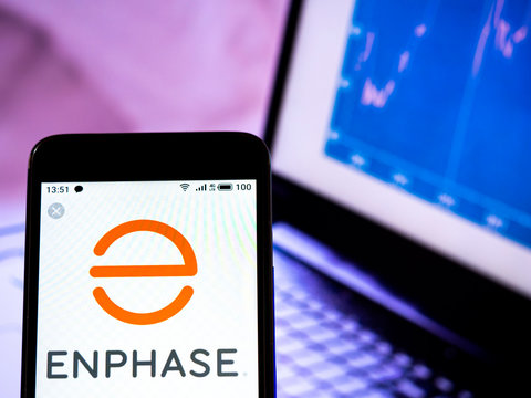 Kiev, Ukraine, July 10, 2019. In this photo illustration the  Enphase Energy logo is seen displayed on a smartphone.