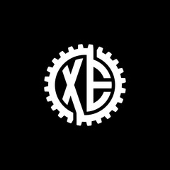 Naklejka premium Initial letter X and E, XE, interlock cogwheel gear monogram logo, white color on black background