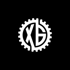 Initial letter X and G, XG, interlock cogwheel gear monogram logo, white color on black background