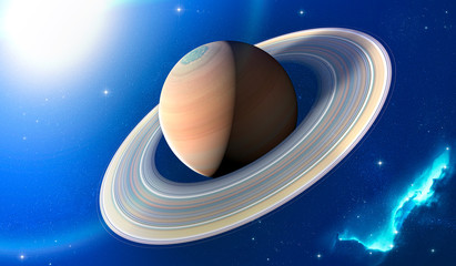 View of the planet Saturn with rings. Exploration around the planet. Solar system. 3d render. Element of this image is furnished by Nasa