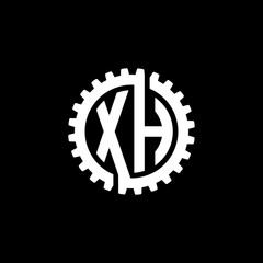 Initial letter X and H, XH, interlock cogwheel gear monogram logo, white color on black background