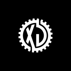 Initial letter X and J, XJ, interlock cogwheel gear monogram logo, white color on black background