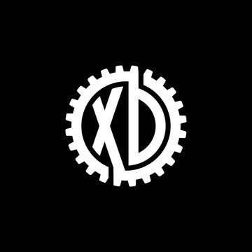 Initial letter X and D, X and O, XD, XO, interlock cogwheel gear monogram logo, white color on black background