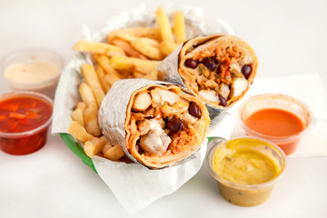 Guacamole and Red Kidney Bean Burritos served with French Fries and Dips