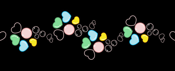 Horizontal seamless pattern with different colorful elements on black background.