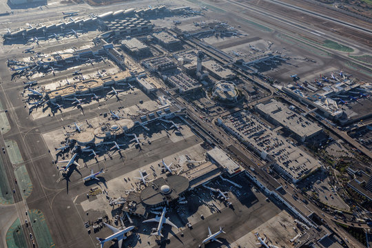 Afternoon Aerial View Of Passenger Jet Airplanes And Busy LAX Terminals On August 16, 2016 In Los Angeles, California, USA.