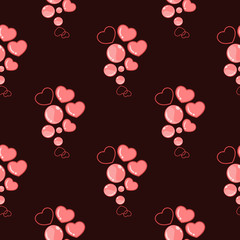 Seamless pattern with bunches of heart and rounded balloon, line drawing hearts and bubbles in brown background. Fabric , textile, clothes, dress.