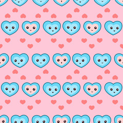 Seamless pattern pink background in kids cartoon style with cute kawaii smiling hearts. Textile, fabric ornament, paper print.
