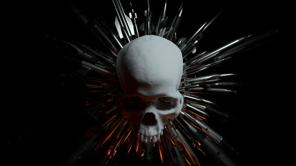 3d render of missiles cloned in round form around detailed skull. Dark theme. Military or army threat...