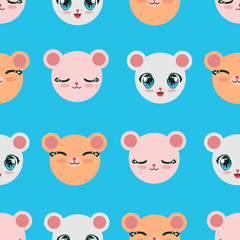 Cute seamless pattern for children. repeated heads of bears with cute expressions and muzzles in different color. Endless illustration for babies.
