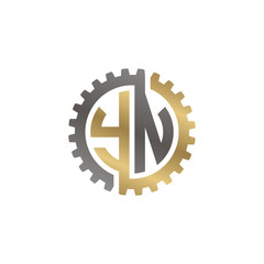 Initial letter Y and N, YN, interlock cogwheel gear logo, black gold on white background