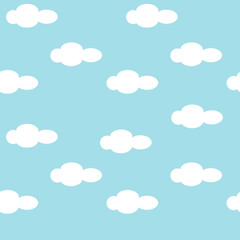 Cute cartoon seamless pattern with white clouds on a light blue sky background