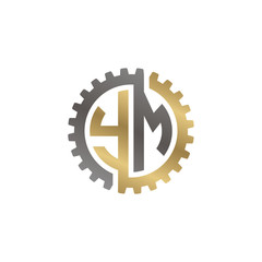 Initial letter Y and M, YM, interlock cogwheel gear logo, black gold on white background