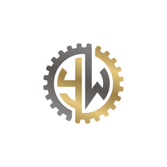 Initial letter Y and W, YW, interlock cogwheel gear logo, black gold on white background