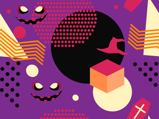 Halloween memphis seamless pattern. Geometric shapes and holiday symbols, icons. Modern trendy background for promotional products, wrapping paper and printing. Vector illustration