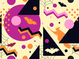Halloween memphis seamless pattern. Geometric shapes and holiday symbols, icons. Modern trendy background for promotional products, wrapping paper and printing. Vector illustration