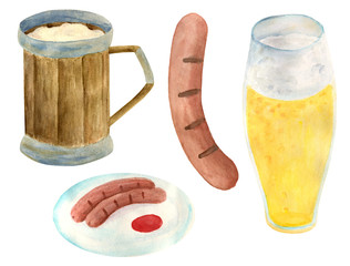Watercolor Oktoberfest set. Wooden beer mug, glass of lager, grill sausages on plate. Hand drawn illustration for festival decoration, pub menu design