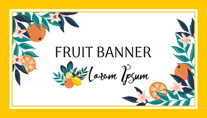 Fruit background in modern hand drawn trendy style. citrus fruits, lemon and oranges illustration and round label badge.Design template, frame, card, banner. Vector illustration, isolated on white.