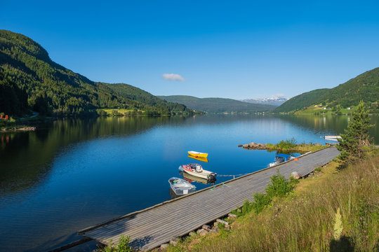 Boat on lake Oppheimsvatnet. Voss, Norway. July 2019