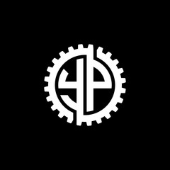 Initial letter Y and P, YP, interlock cogwheel gear monogram logo, white color on black background