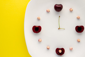 Close up of red cherries and pits on a white plate showing the time.